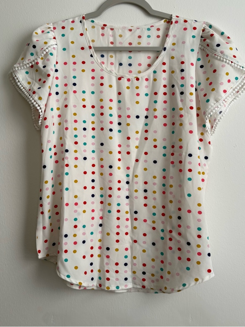 Women’s Polka Dot Short Sleeve Top - White with Multicolor Dots